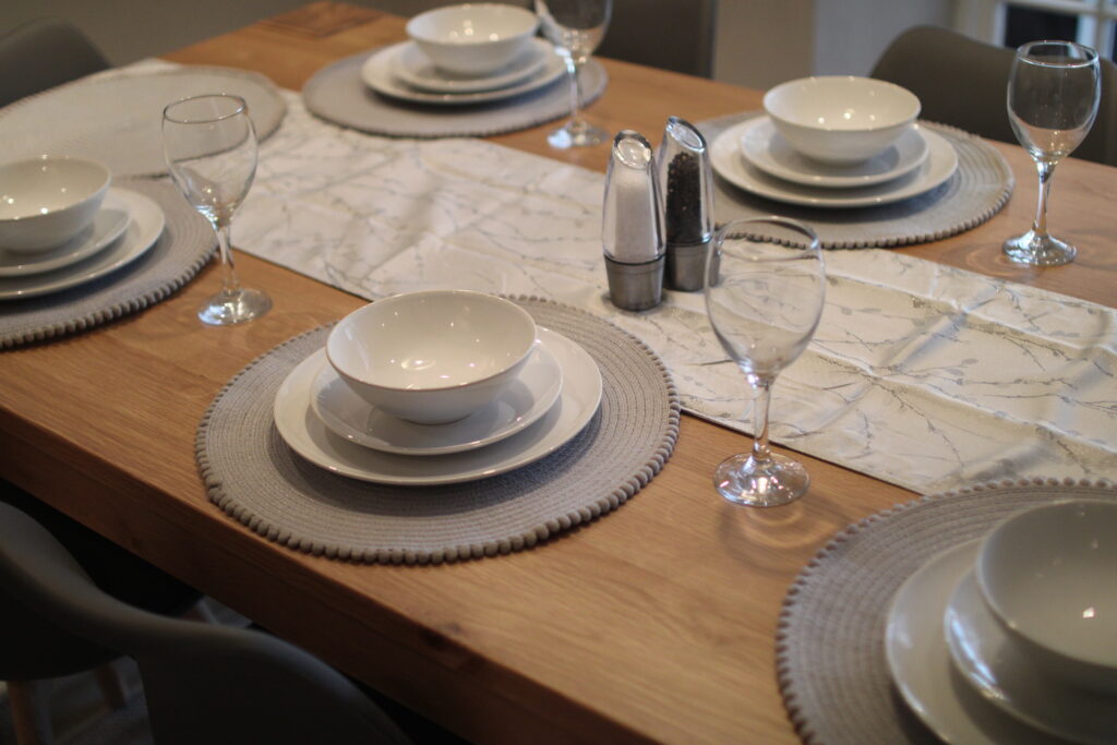 Farmhouse dining table place settings at Habberjam Farm