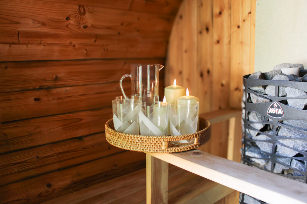 Wooden sauna interior at Habberjam Farm