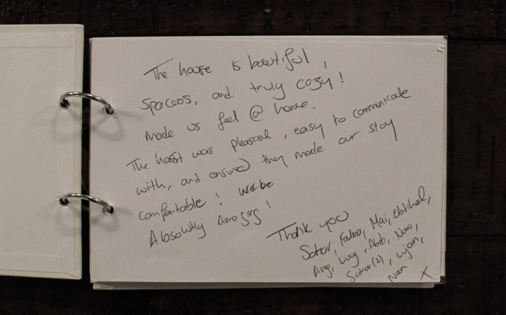 Guest book at Habberjam Farm featuring personal handwritten notes