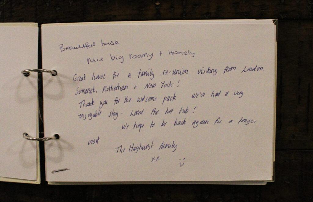 Handwritten guest experience shared in the Habberjam Farm guest book