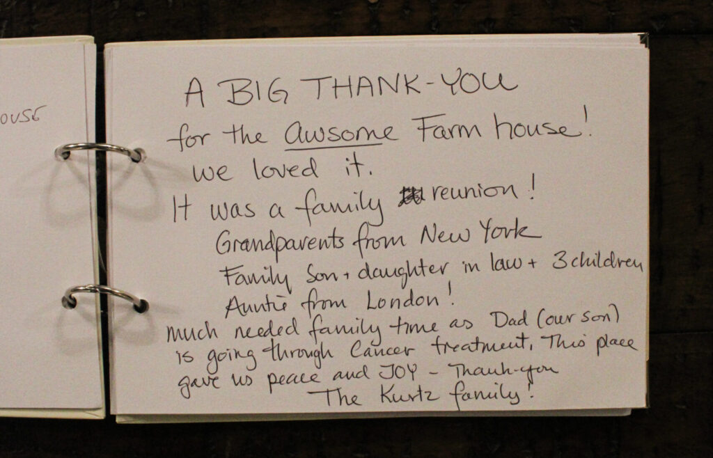 Guest book entry left by visitors staying at Habberjam Farm