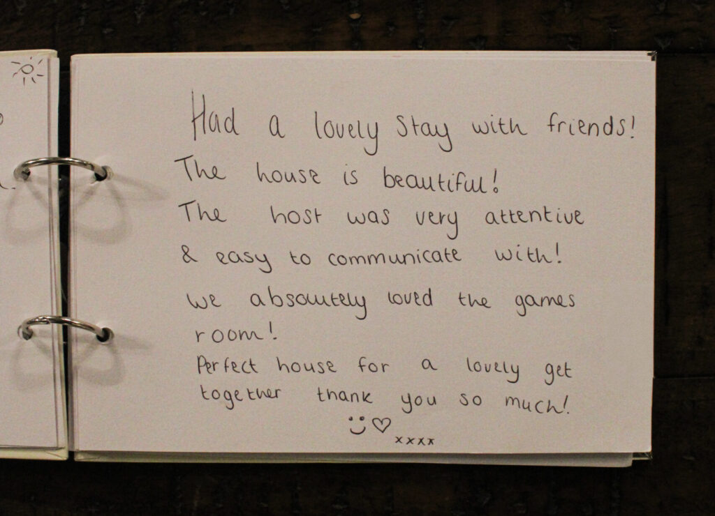 Guest book at Habberjam Farm with personal messages from visitors