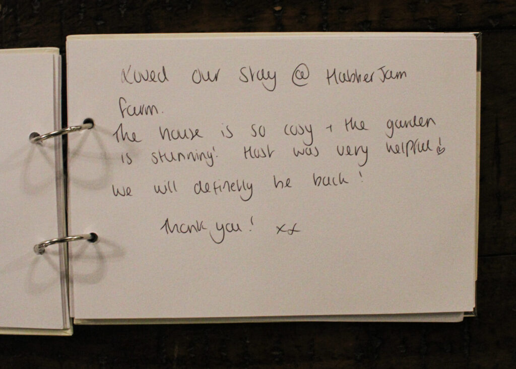 Guest book at Habberjam Farm showing handwritten guest memories
