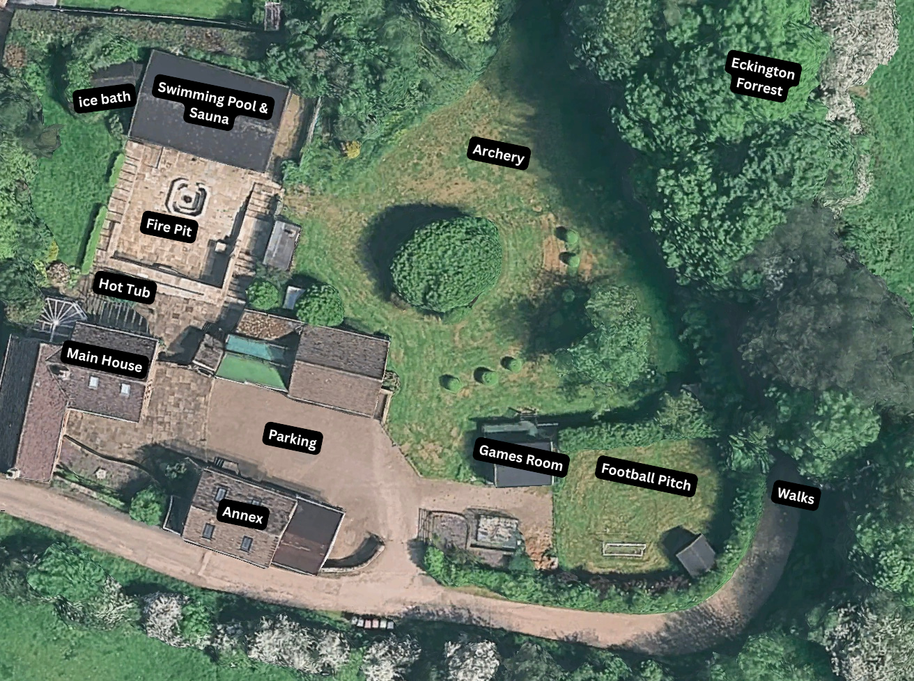 Aerial view of Habberjam Farm with the pool, sauna, hot tub, fire pit, main house, annex, games room and grounds